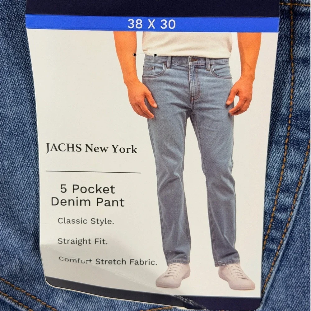 JACHS New York Mens 38x30 Straight Fit 5 Pocket Stretch Denim Jeans Light Wash